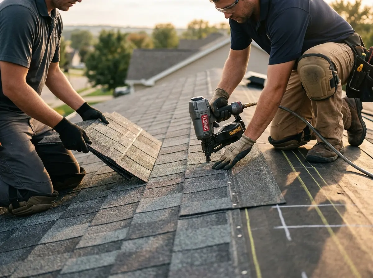 Professional roofer working on a residential roof in Radford